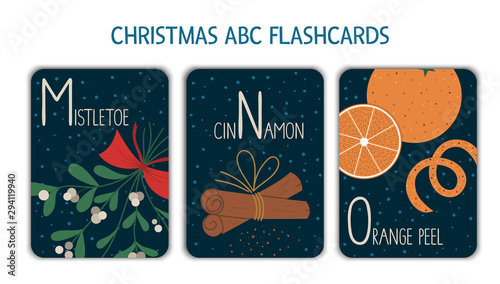 Colorful alphabet letters M, N, O. Phonics flashcard. Cute Christmas themed ABC cards for teaching reading with funny mistletoe, cinnamon, orange peel. New Year festive activity..