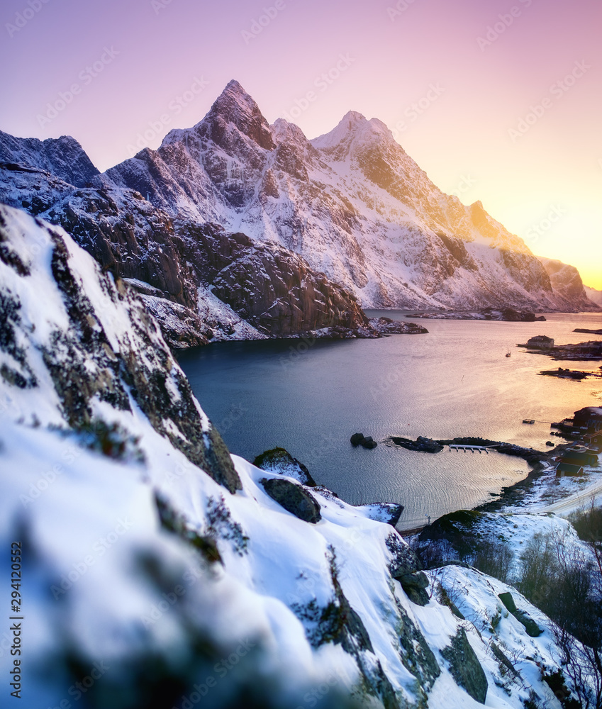 Lofoten island landscape, Norway. Mountain peak and ocean bay during sunrise. Natural landscape in the Norway. Travel - image - obrazy, fototapety, plakaty 
