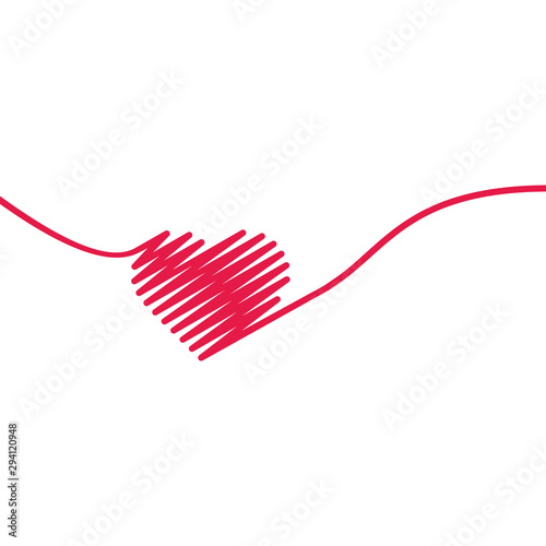 Hand painted red heart. One line. Hand drawing of heart doodle by crayon . Use for background
