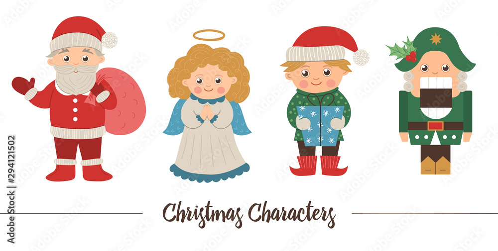 Vector set of Christmas characters. Cute winter Santa Claus with sack, Angel, Elf, Nutcracker illustration isolated on white background. Funny flat style picture for New Year or winter design. Vector set of Christmas characters. Cute winter Santa Claus with sack, Angel, Elf, Nutcracker illustration isolated on white background. Funny flat style picture for New Year or winter design.