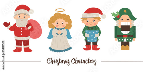 Vector set of Christmas characters. Cute winter Santa Claus with sack, Angel, Elf, Nutcracker illustration isolated on white background. Funny flat style picture for New Year or winter design.