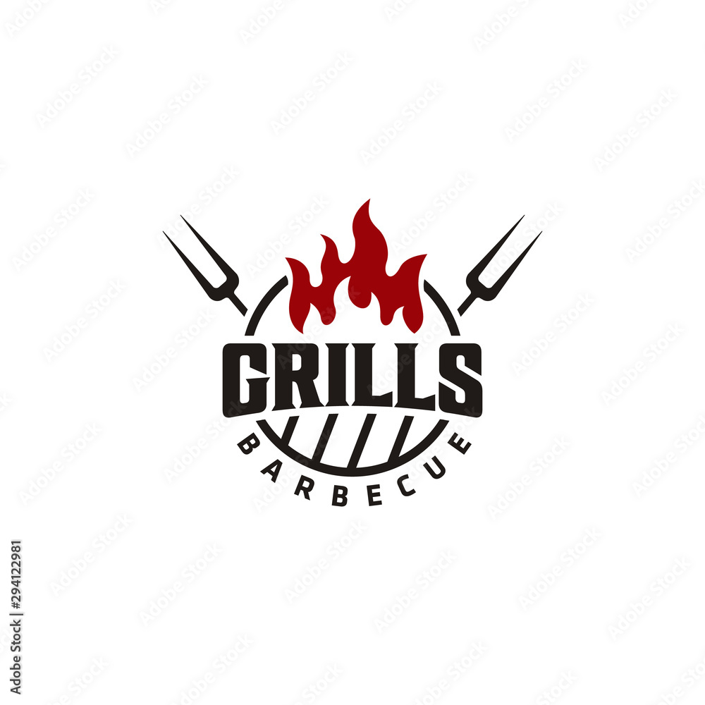 Vintage mountain Grill Barbeque bbq with crossed fork and fire flame ...