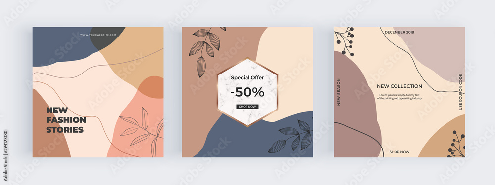 Social media banners with abstract geometric design with pink, brown and blue colors hand painted shapes, leafs and lines. Modern neutral template for flyer, poster, card