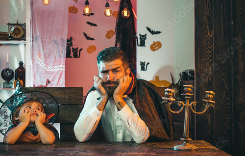 Father and son. Parenting. Different generations. Family celebrates halloween.