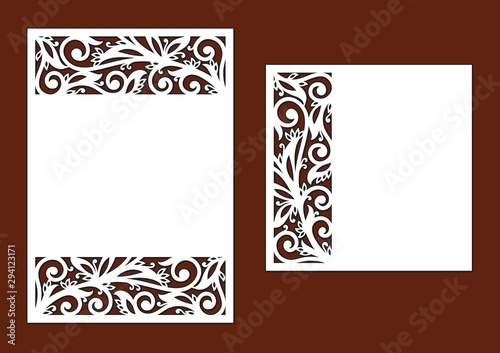 Laser cut template for wedding invitation. Postcard for pocket envelope. Ornamental frame, lace border. Greeting card with abstract ornament. Vector cutting. Openwork silhouette with ornament.