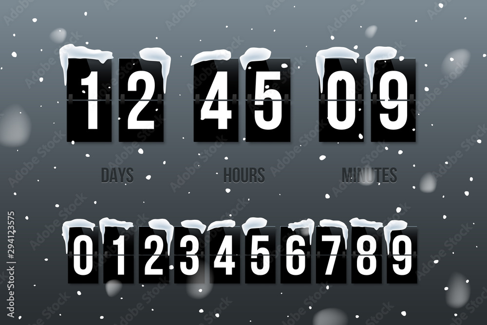 Flip countdown showing days, hours and minutes. Flip board with white numbers on black panels in retro style on snowfall background. Vector design element.