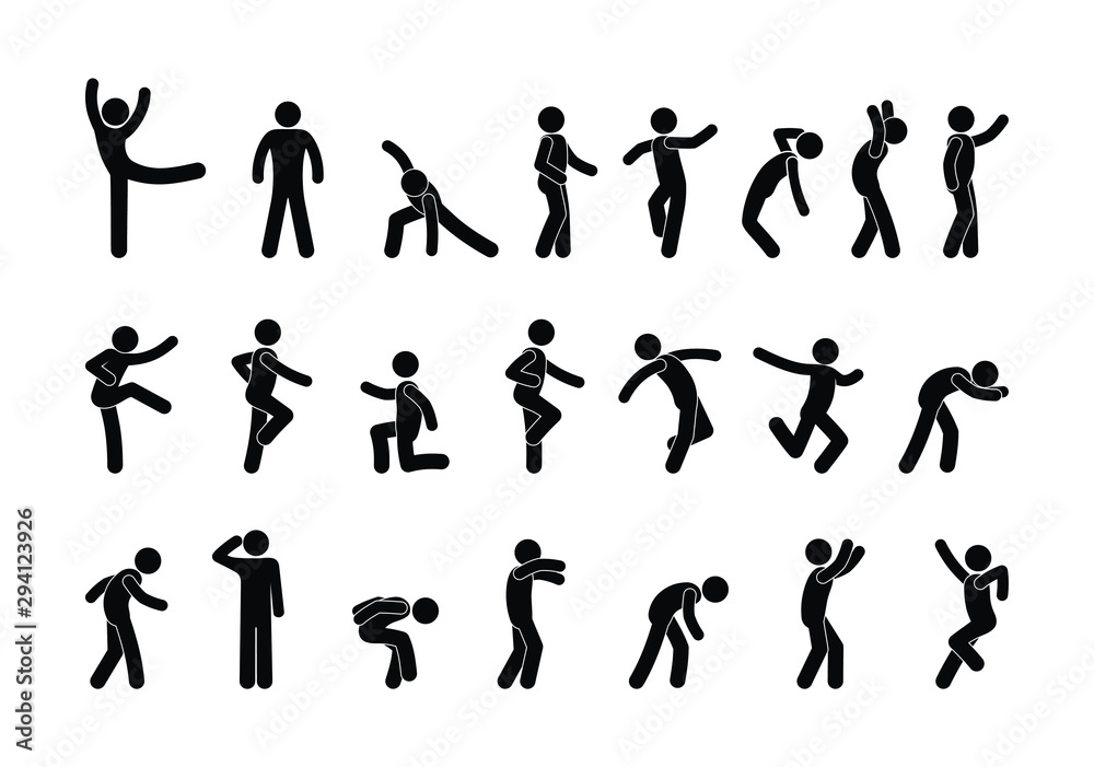 silhouettes of having fun people, funny dancing, isolated stick figure man  icons Stock Vector | Adobe Stock