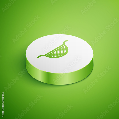 Isometric Kitchen colander icon isolated on green background. Cooking utensil. Cutlery sign. White circle button. Vector Illustration