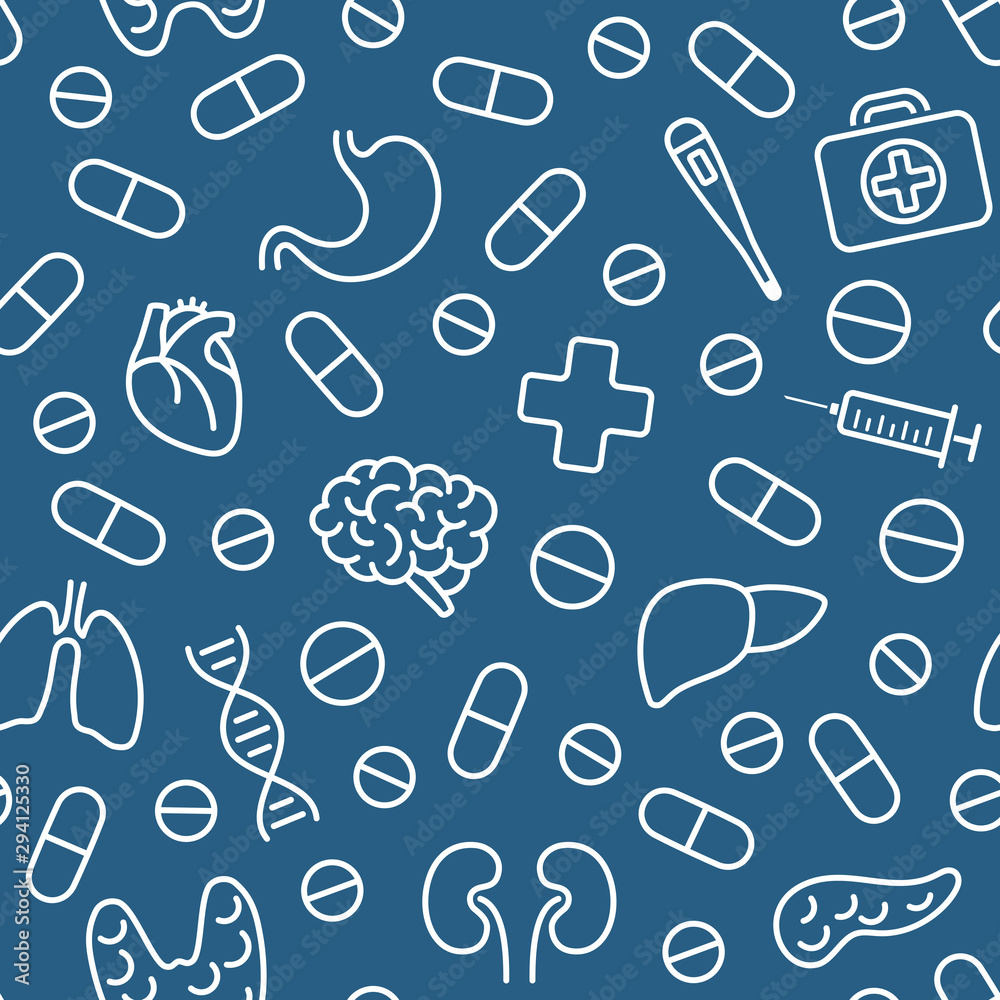 Seamless pattern with white medical icons in outline style. Vector illustration isolated over blue background