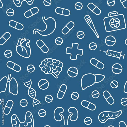 Seamless pattern with white medical icons in outline style. Vector illustration isolated over blue background