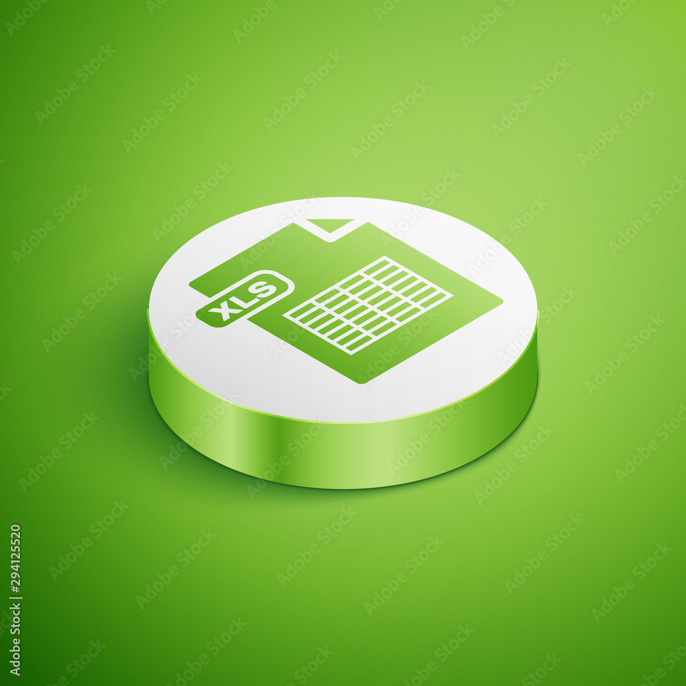 Isometric XLS file document. Download xls button icon isolated on green background. Excel file symbol. White circle button. Vector Illustration