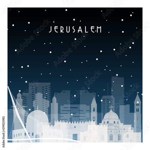 Winter night in Jerusalem. Night city in flat style for banner, poster, illustration, background.