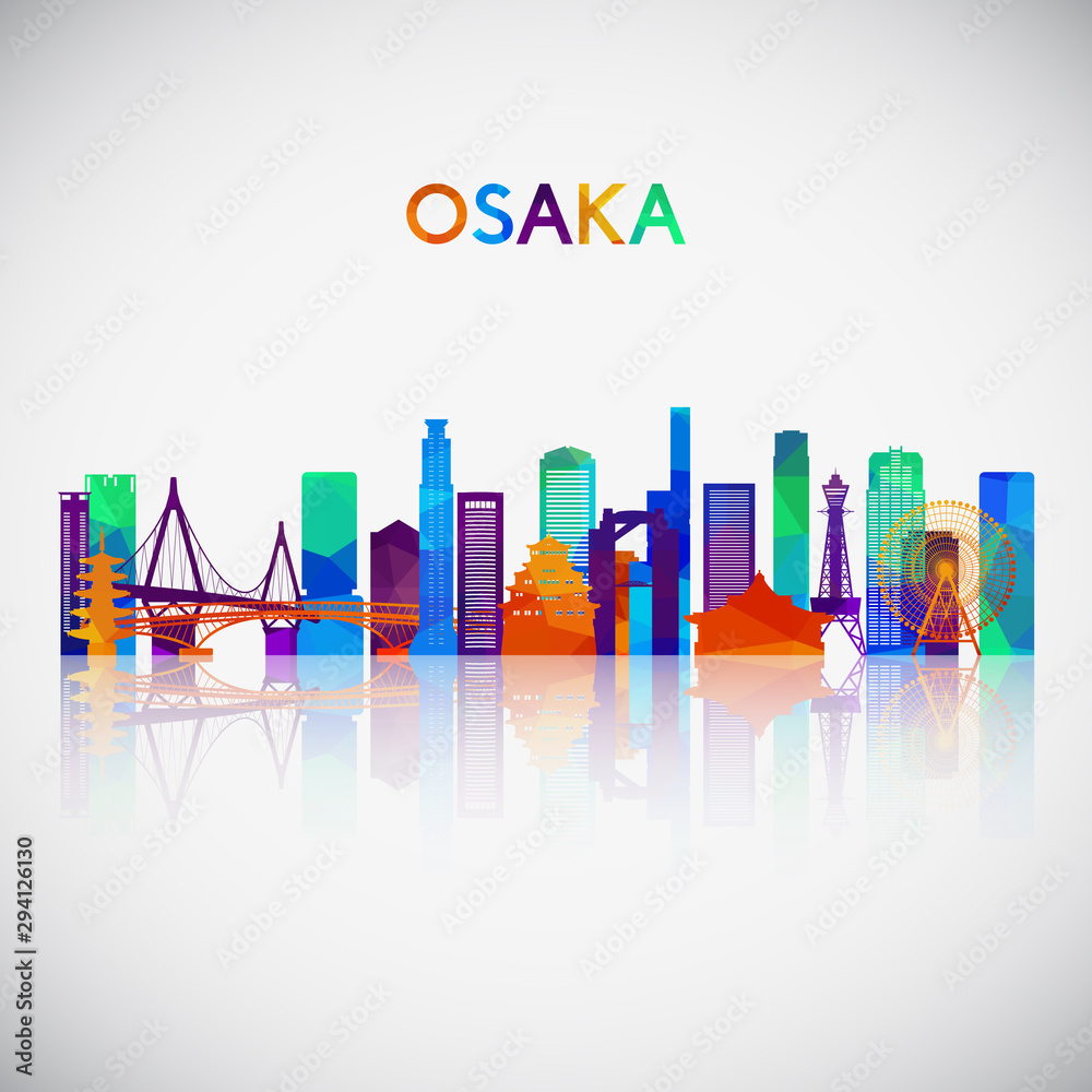 Obraz premium Sylwetka panoramę Osaki w kolorowym stylu geometrycznym. Symbol Twojego projektu. Ilustracji wektorowych.