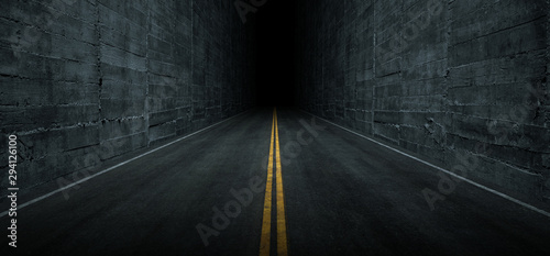 Fototapeta Naklejka Na Ścianę i Meble -  Sci Fi Futuristic Asphalt Tunnel Corridor Garage Cement Road Double Lined Concrete Walls Underground Dark Night Car Show Neon Glowing Arc Stage Showroom 3D Rendering