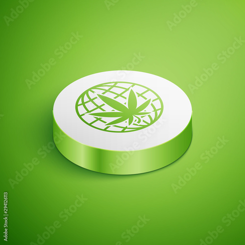 Isometric Legalize marijuana or cannabis globe symbol icon isolated on green background. Hemp symbol. White circle button. Vector Illustration