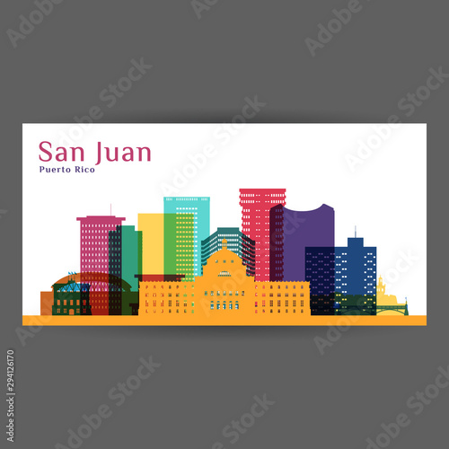 San Juan city, Puerto Rico architecture silhouette. Colorful skyline. City flat design. Vector business card.