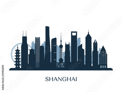 Shanghai skyline, monochrome silhouette. Vector illustration.