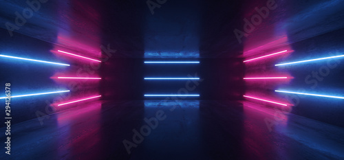 Fototapeta Naklejka Na Ścianę i Meble -  Sci Fi Futuristic Neon Glowing Purple Blue Laser Lines Reflective Concrete Grunge Dark Night Show Stage Entrance Garage Underground Retro Modern Virtual 3D Rendering
