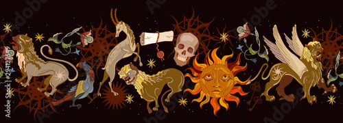 Medieval horizontal seamless pattern. Astrology art. Ancient book vector illustration. Middle Ages occult parchment. Mystic alchemy symbols. Esoteric magic manuscript. Sacred geometry