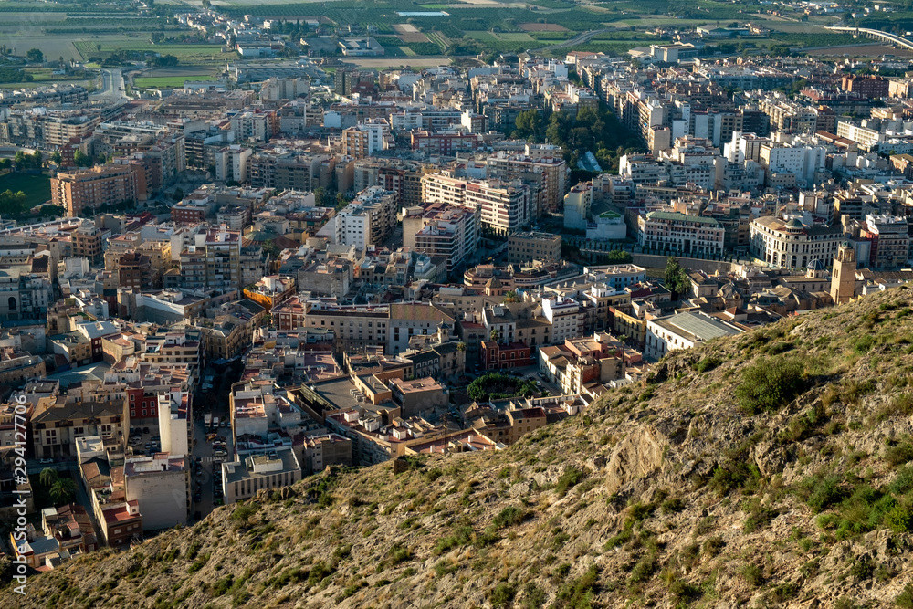 Aerial view of Orihuela town under the San Miguel mountain. Orihuela, Alicante province, Spain