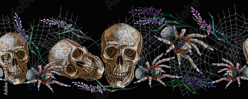 Halloween seamless pattern. Human skull, lavender flowers and spider. Embroidery style. Classical dark art gothic art. Medieval template for clothes, textiles