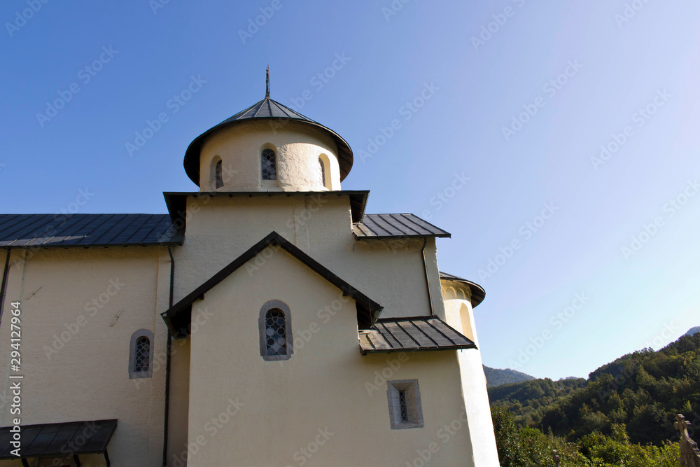 Church in an old monastery against the blue sky in Montenegro.