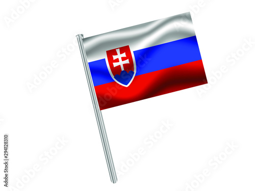 Slovakia Waving national flag on metall flagpole, isolated on white background. original colors and proportion. Vector illustration, from countries flag set