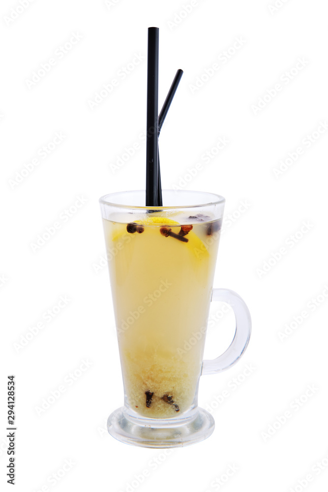 Hot lemon with ginger tea isolated on white Hot lemon with ginger tea isolated on white