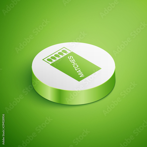 Isometric Open matchbox and matches icon isolated on green background. White circle button. Vector Illustration