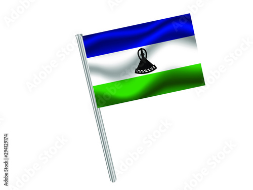 Lesotho Waving national flag on metall flagpole, isolated on white background. original colors and proportion. Vector illustration, from countries flag set