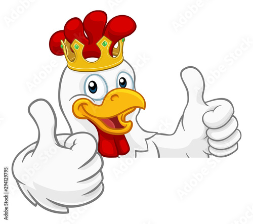 A chicken rooster cockerel bird cartoon character in a gold kings crown peeking over a sign and giving a double thumbs up