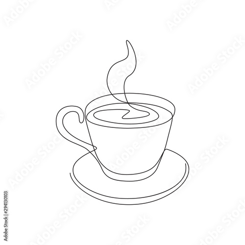 vector one line illustration of a coffee or tea mug isolated on white.