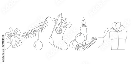 vector cute one line set of Christmas elements isolated on white.