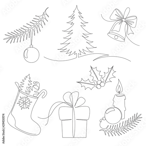 vector cute one line set of Christmas elements isolated on white.