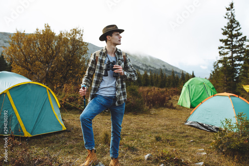active motivated traveller enjoying the beauty of landscape, weekend, holiday. copy space