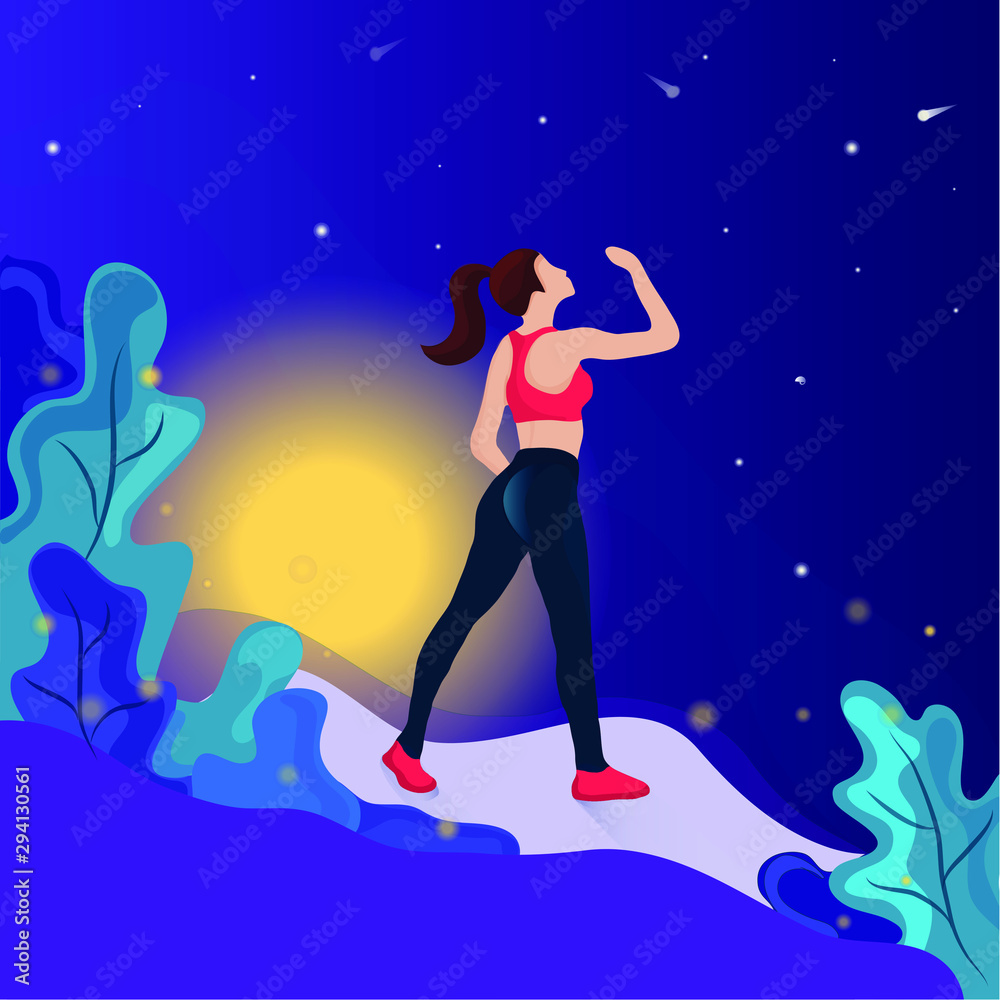 Fitness girl in nature at night with stars