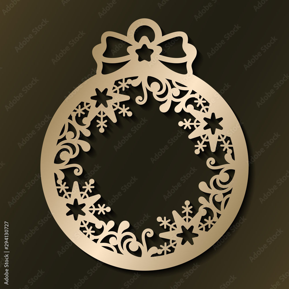 Laser cut template of Christmas ball with snowflakes and pattern. Xmas tree decoration for paper cut out. Silhouette of openwork frame with lace ornament. Golden vector illustration on background.