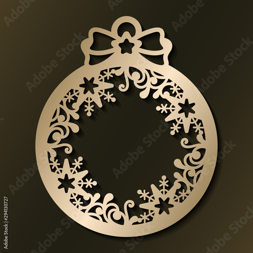 Laser cut template of Christmas ball with snowflakes and pattern. Xmas tree decoration for paper cut out. Silhouette of openwork frame with lace ornament. Golden vector illustration on background.