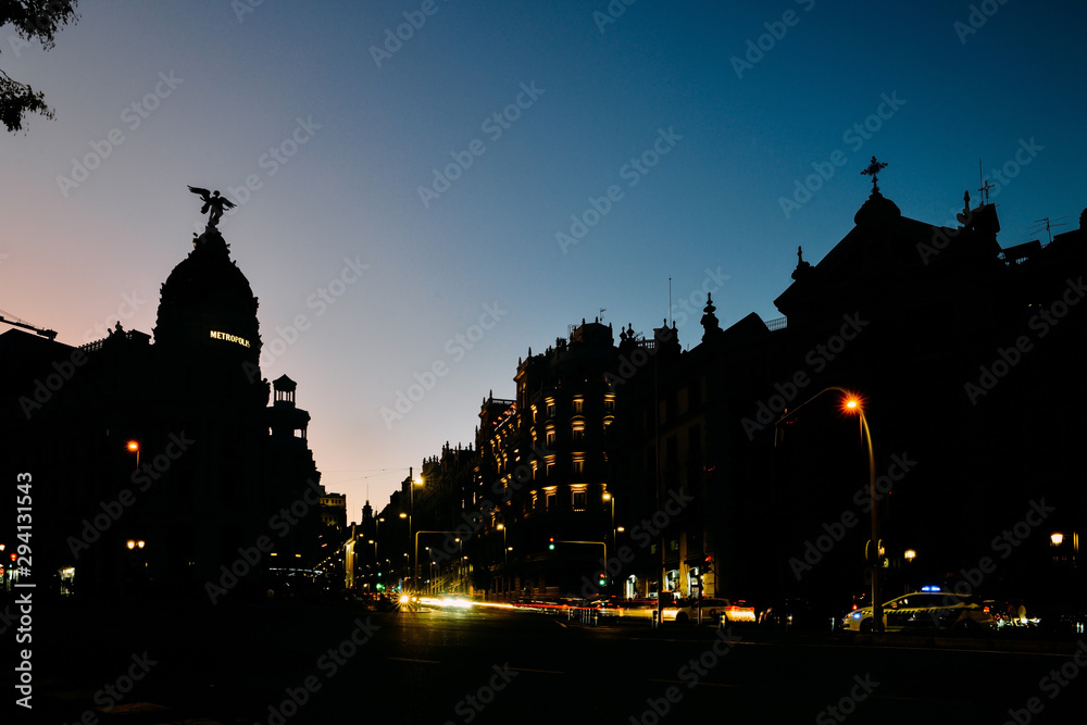 Madrid, Spain long exposure cityscape at Calle de Alcala and Gran Via
