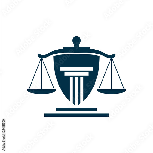 Balance scales on a law Building Justice for logo design illustration