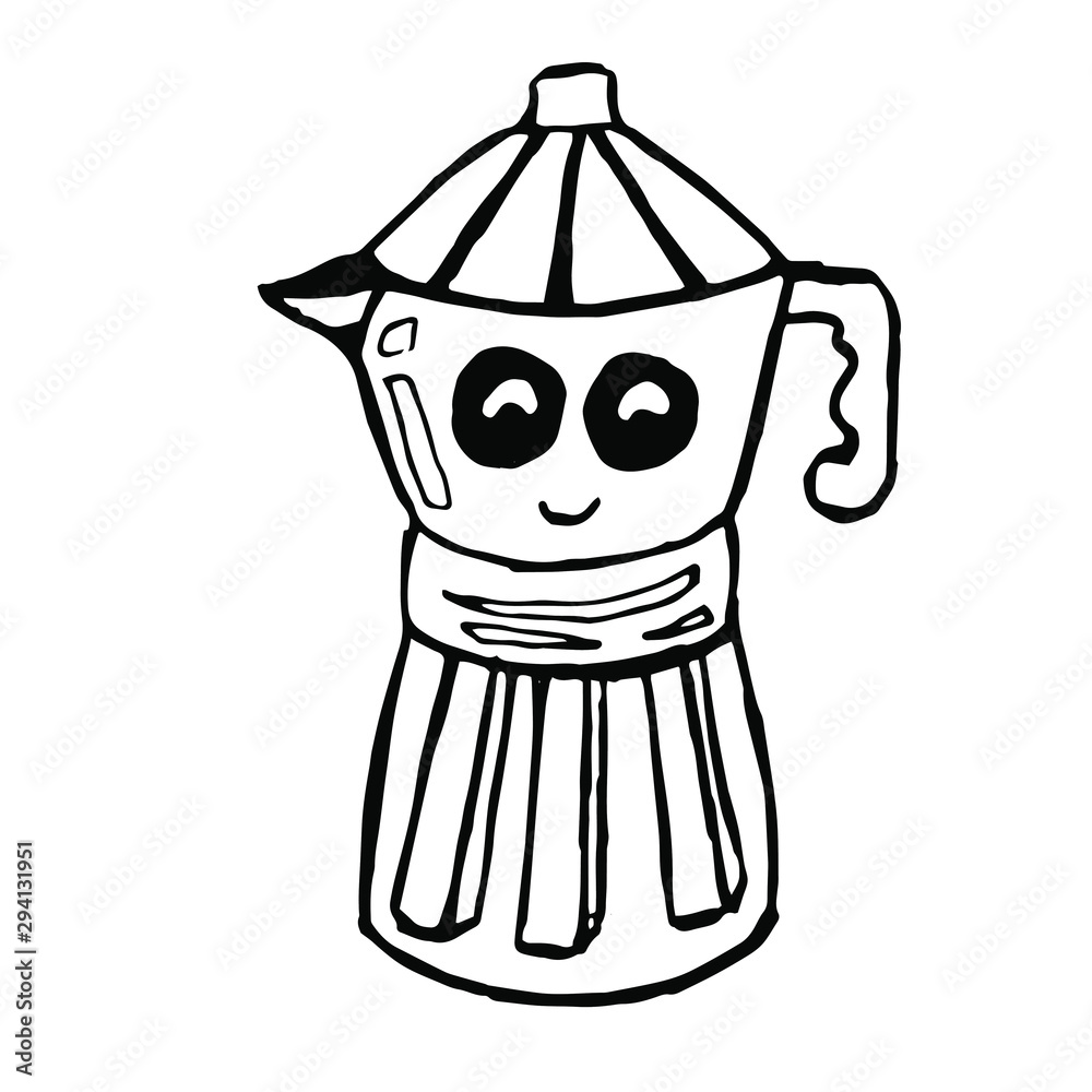 kawaii. Hand-drawn cartoon coffee maker. Sketch style. Line Vector illustration. Isolated on white background. vector de Stock Adobe Stock