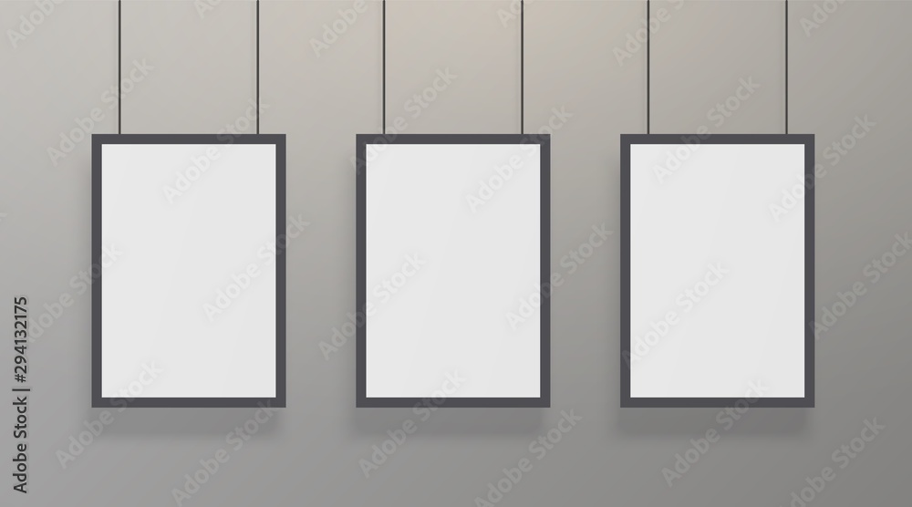 Realistic white poster mockup with black frame. Blank vertical A4 formats paper poster at the grey wall. Vector illustration hanging design empty mock up for presentation photos canvas Realistic white poster mockup with black frame. Blank vertical A4 formats paper poster at the grey wall. Vector illustration hanging design empty mock up for presentation photos canvas