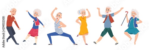 Old dancing people. Cartoon happy older characters, group of senior age persons having good time. Vector elderly flat funny friends grandparents on music party