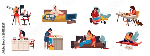 People with hobbies. Flat creative characters cooking playing sewing and doing hobbies at home and outdoor. Vector set illustrations cartoon free women handicrafts working on white background