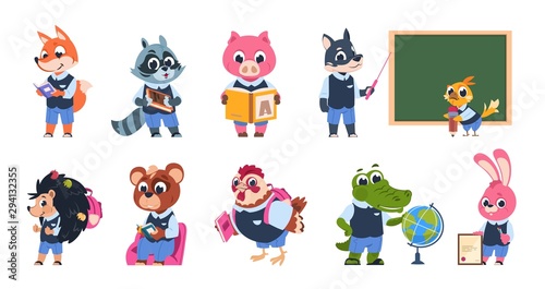 School animal characters. Cute cartoon animal kids at school with books and backpacks reading and studying. Vector isolated coloured imaging abstract funny pupil student set