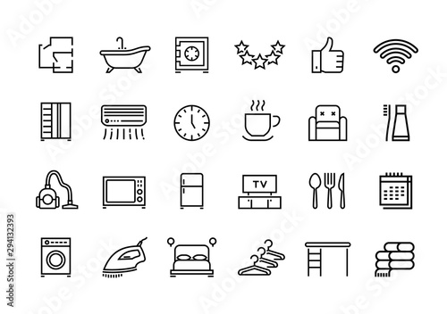 Hotel line icons. Kitchen utensils bathroom with hot water room size WiFi available date and rating. Vector travel hostel categories for service modern hotels with wardrobe toiletries fridge bed