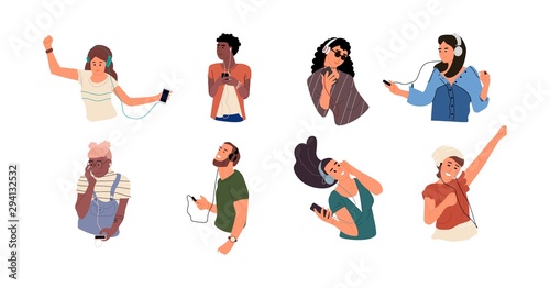 People listen to music. Happy cartoon characters dancing and listen music via smartphone. Vector isolate illustrations young diverse persons with headphones enjoy audio sound