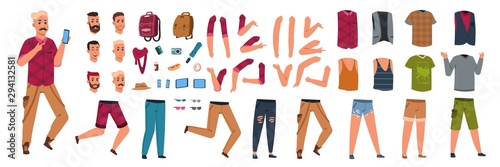 Male character constructor. Cartoon hipster animation kit with different clothes body parts and gestures. Vector man avatar with backpack glasses smartphone phone