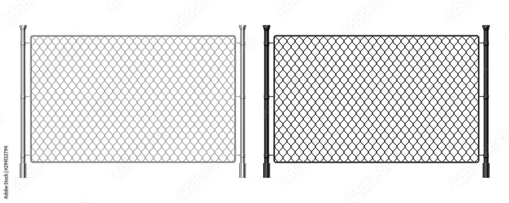 Metal wire fence. Realistic steel dark and light fence, industrial metal wire mesh, prison security urban railing. Vector fragment steel construction greed barrier on white background