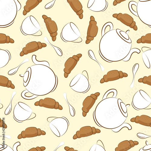 Tea with croissants. Seamless pattern. Image of a white teapot, white tea cups and brown croissants on a beige background. Vector illustration.